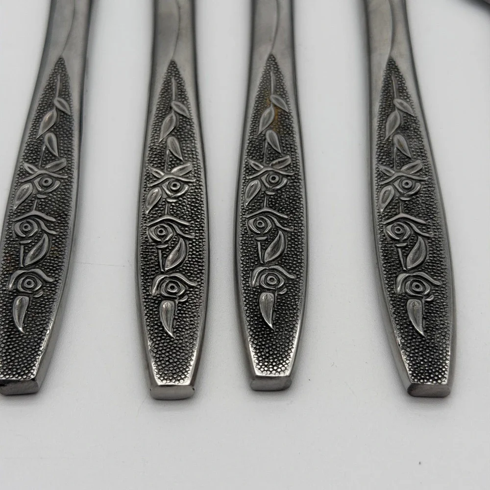 Customcraft Stainless Taiwan Rose Floral Flatware 8pc Set 4 Knives 4 Spoons MCM